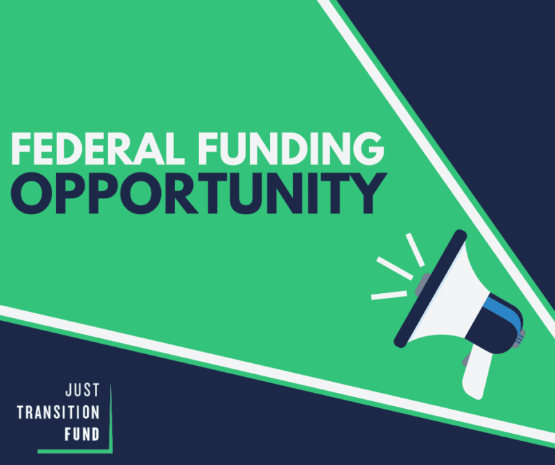 A green and blue graphic with a bullhorn proclaiming the availability of a federal funding opportunity